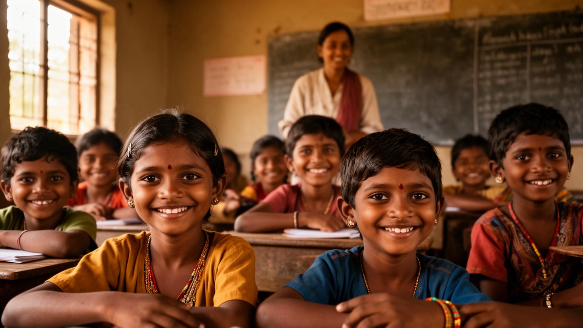 Tribal children smiling in a rural classroom in Gujarat